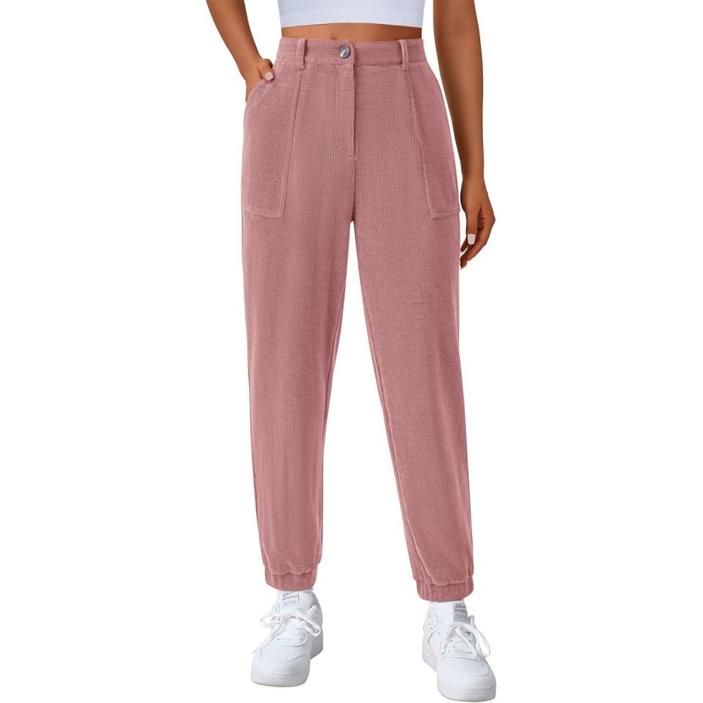 imagePRETTYGARDEN Womens Pants Dressy Casual 2025 Fall Elastic High Waisted Work Office Corduroy Trouser Slacks with PocketsPink