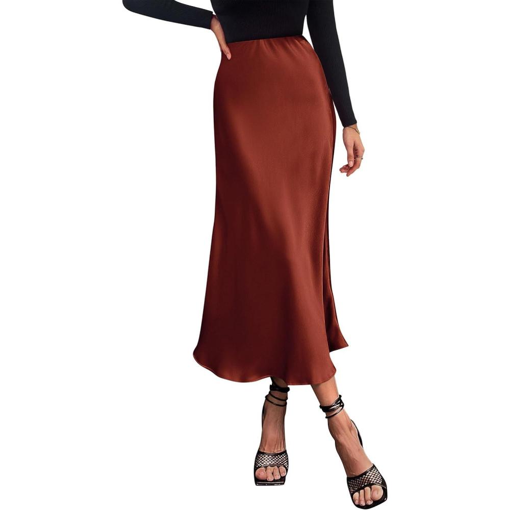 imagePRETTYGARDEN Womens Satin Skirts Dressy Casual 2026 Fall High Waisted Cocktail Wedding Flowy Elegant A Line Midi SkirtBrown