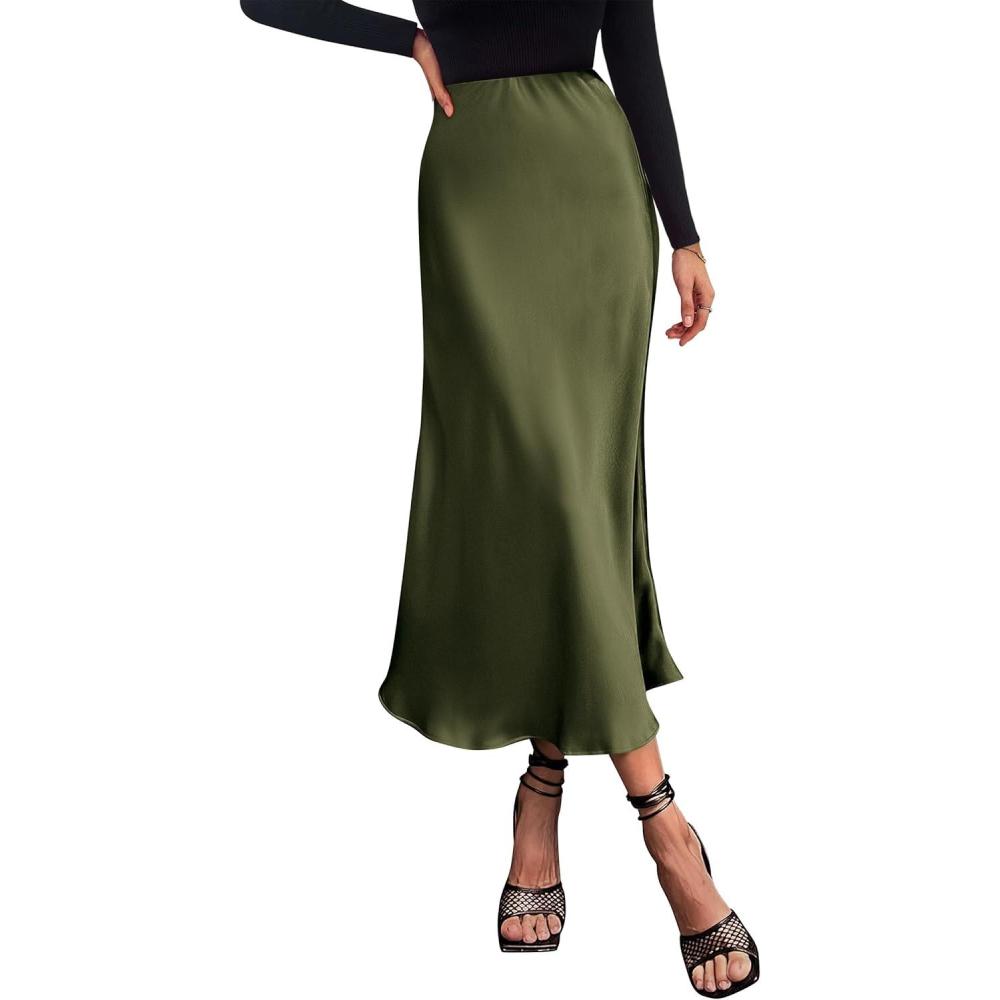 imagePRETTYGARDEN Womens Satin Skirts Dressy Casual 2026 Fall High Waisted Cocktail Wedding Flowy Elegant A Line Midi SkirtLight Army Green