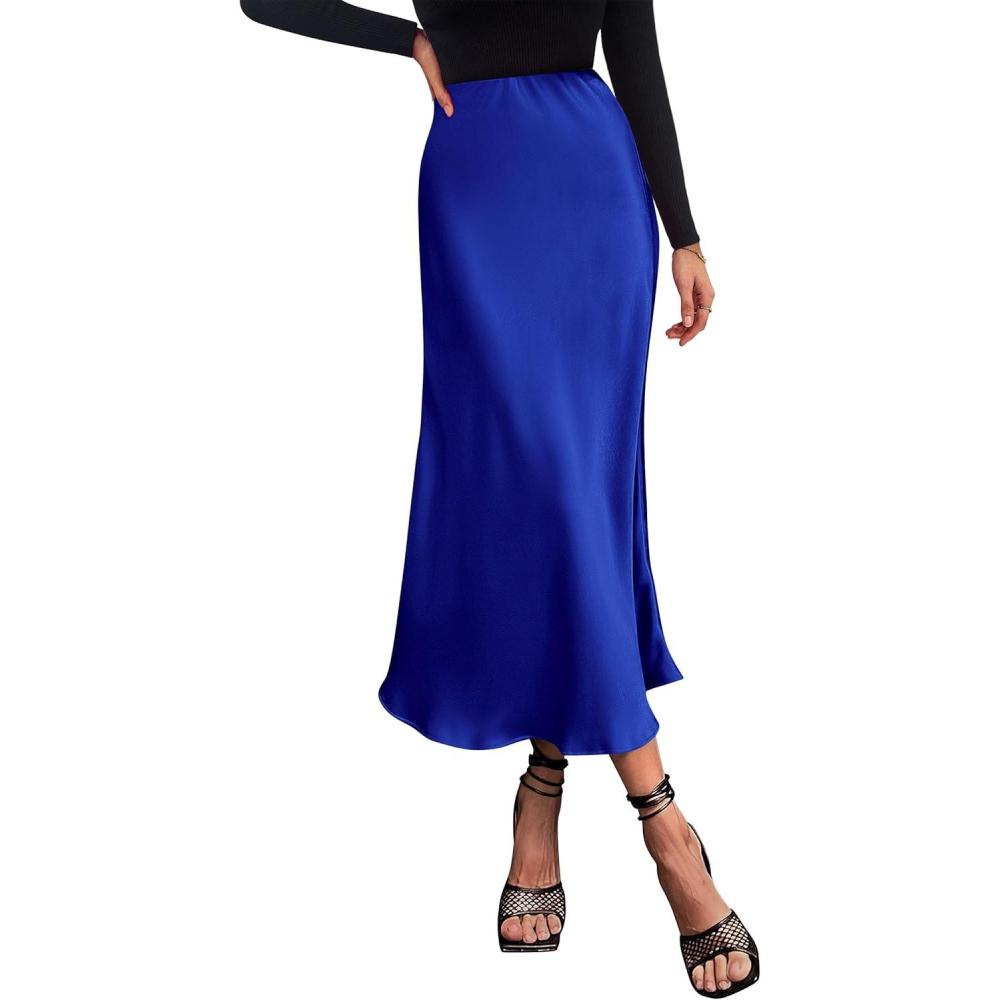 imagePRETTYGARDEN Womens Satin Skirts Dressy Casual 2026 Fall High Waisted Cocktail Wedding Flowy Elegant A Line Midi SkirtRoyal Blue