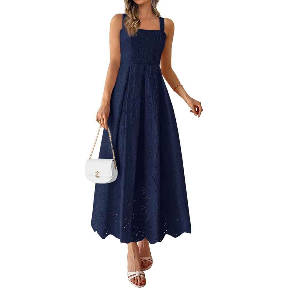 imagePRETTYGARDEN Womens Sleeveless Maxi Summer Dresses 2026 Hollow Out Eyelet Square Neck Ruffle Flowy Beach Vacation SundressNavy Blue