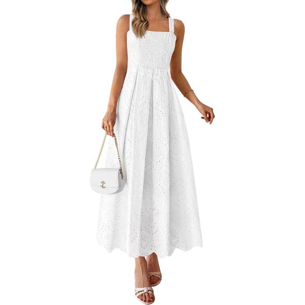 imagePRETTYGARDEN Womens Sleeveless Maxi Summer Dresses 2026 Hollow Out Eyelet Square Neck Ruffle Flowy Beach Vacation SundressWhite