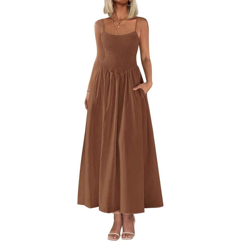 imagePRETTYGARDEN Womens Smocked Maxi Dresses 2026 Summer Sundress Casual Spaghetti Strap Swing A Line Long Flowy Beach DressBrown