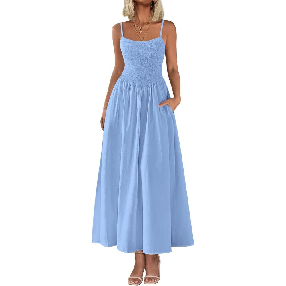 imagePRETTYGARDEN Womens Smocked Maxi Dresses 2026 Summer Sundress Casual Spaghetti Strap Swing A Line Long Flowy Beach DressLight Blue
