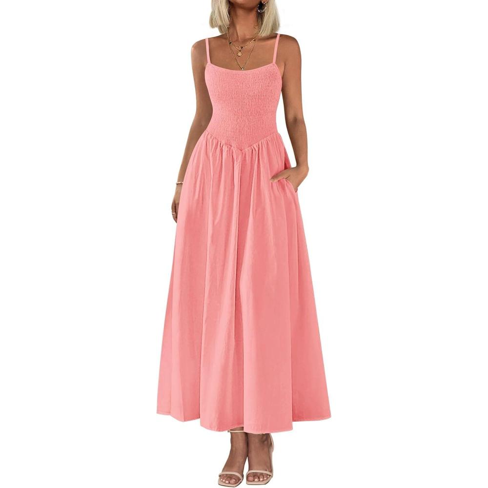 imagePRETTYGARDEN Womens Smocked Maxi Dresses 2026 Summer Sundress Casual Spaghetti Strap Swing A Line Long Flowy Beach DressPink