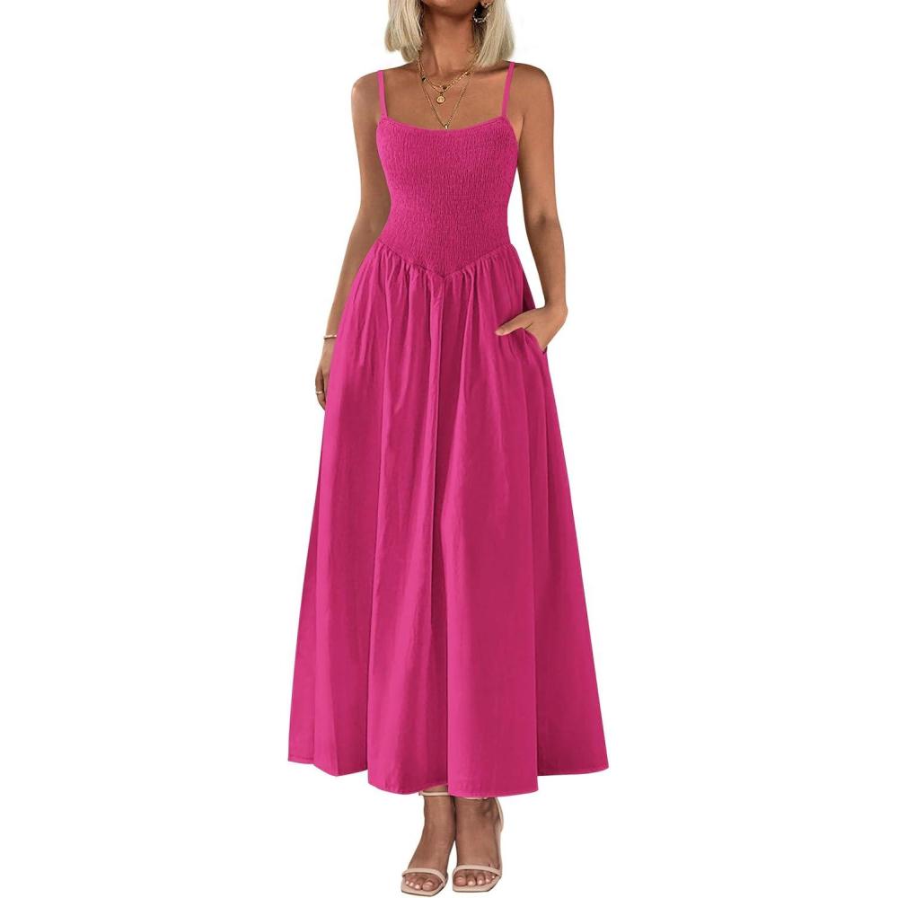 imagePRETTYGARDEN Womens Smocked Maxi Dresses 2026 Summer Sundress Casual Spaghetti Strap Swing A Line Long Flowy Beach DressRose Red