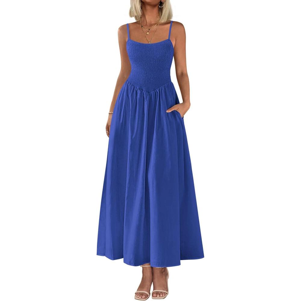 imagePRETTYGARDEN Womens Smocked Maxi Dresses 2026 Summer Sundress Casual Spaghetti Strap Swing A Line Long Flowy Beach DressRoyal Blue