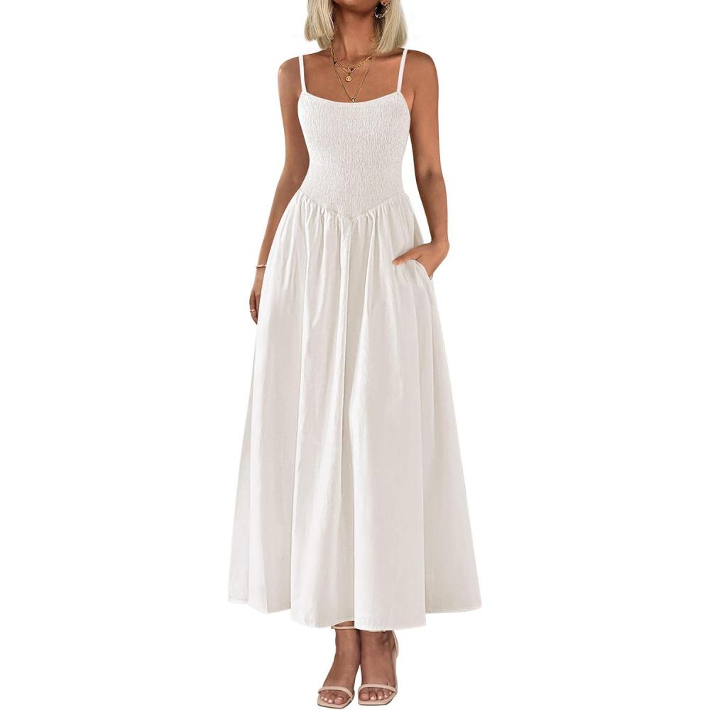 imagePRETTYGARDEN Womens Smocked Maxi Dresses 2026 Summer Sundress Casual Spaghetti Strap Swing A Line Long Flowy Beach DressWhite