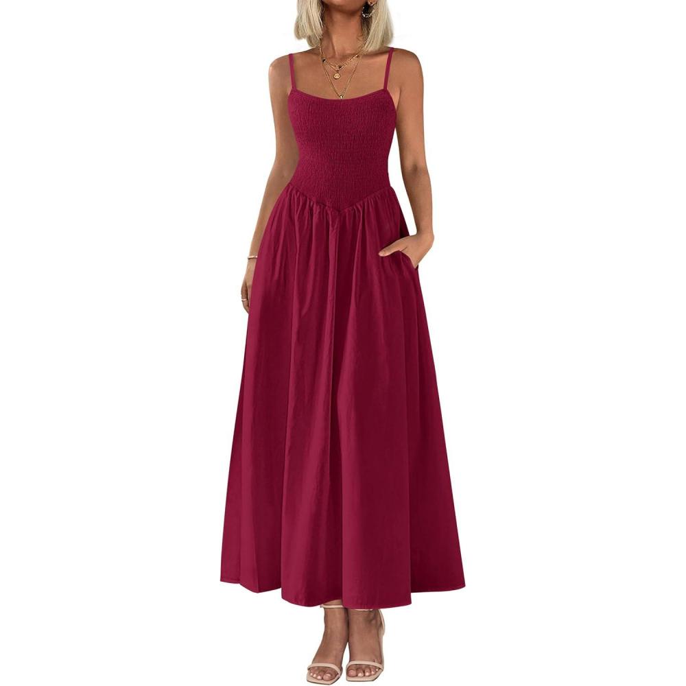 imagePRETTYGARDEN Womens Smocked Maxi Dresses 2026 Summer Sundress Casual Spaghetti Strap Swing A Line Long Flowy Beach DressWine Red