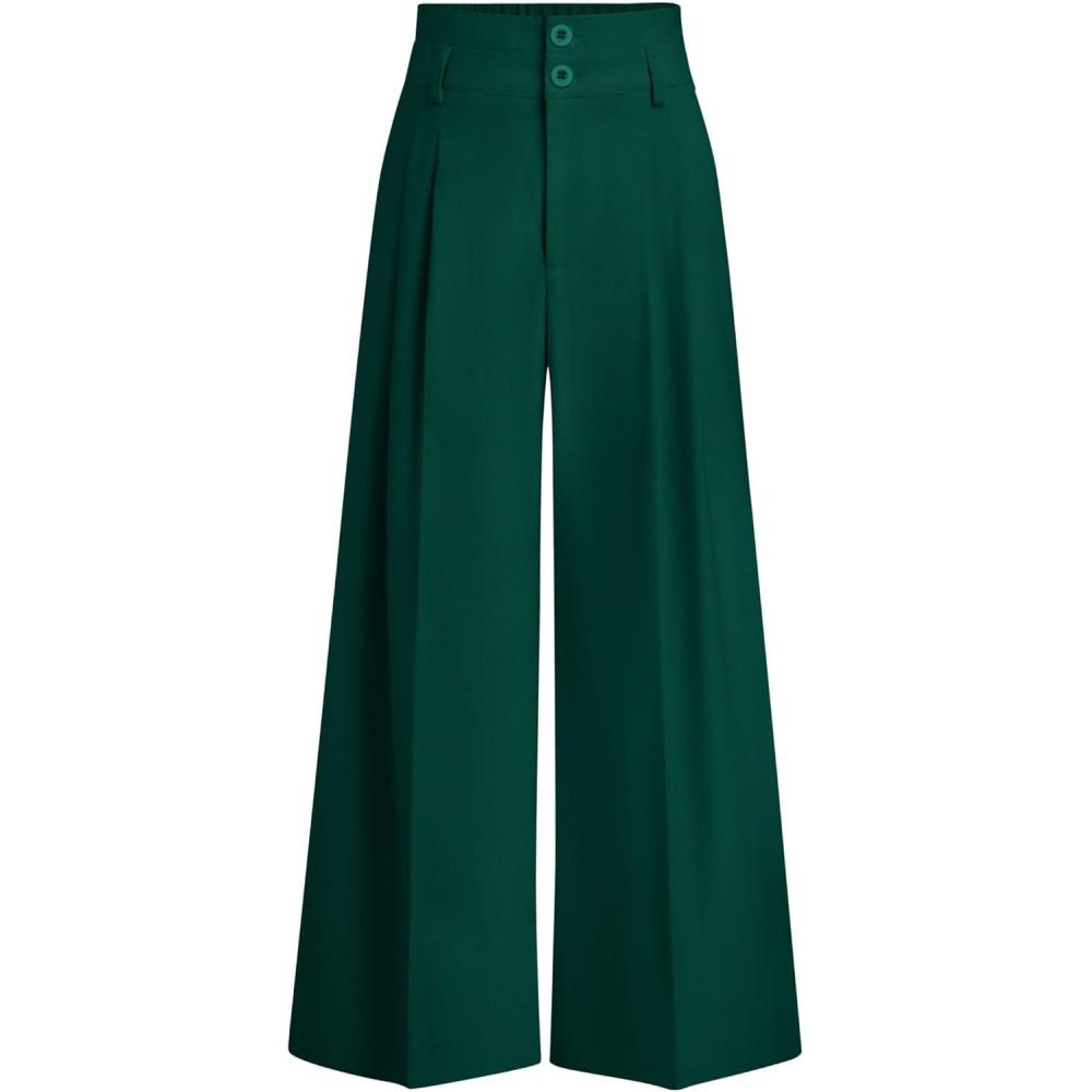 imagePRETTYGARDEN Womens Spring Wide Leg Palazzo Pants 2026 Trendy Loose Button High Waist Pleated Work Business Casual TrousersDark Green
