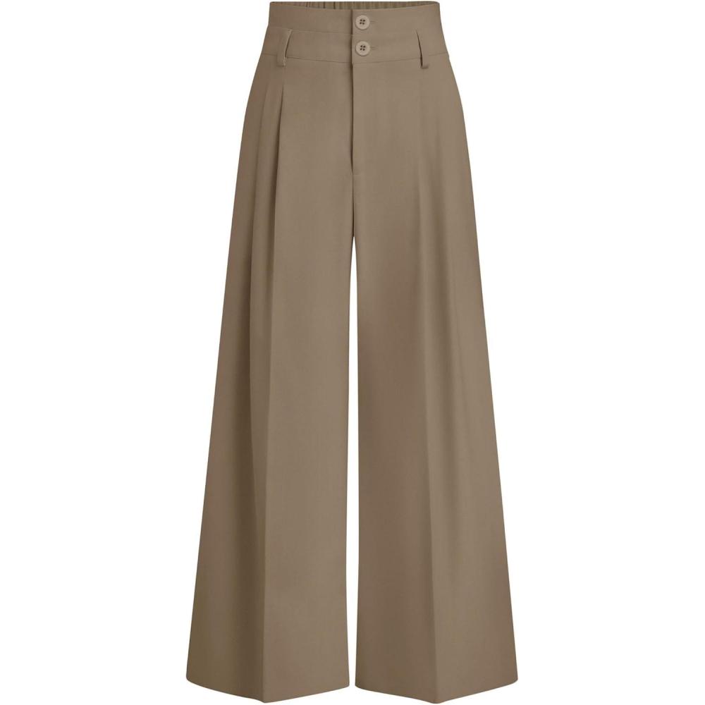 imagePRETTYGARDEN Womens Spring Wide Leg Palazzo Pants 2026 Trendy Loose Button High Waist Pleated Work Business Casual TrousersKhaki