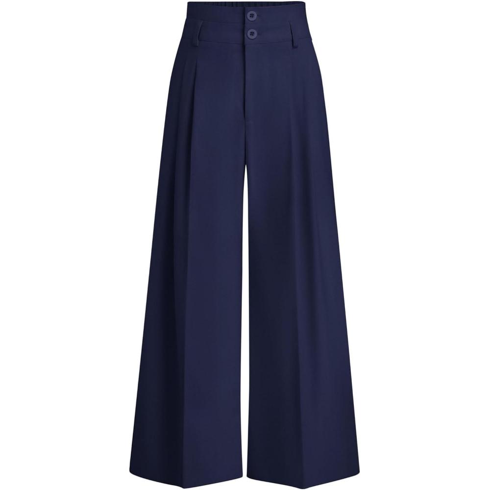 imagePRETTYGARDEN Womens Spring Wide Leg Palazzo Pants 2026 Trendy Loose Button High Waist Pleated Work Business Casual TrousersNavy Blue