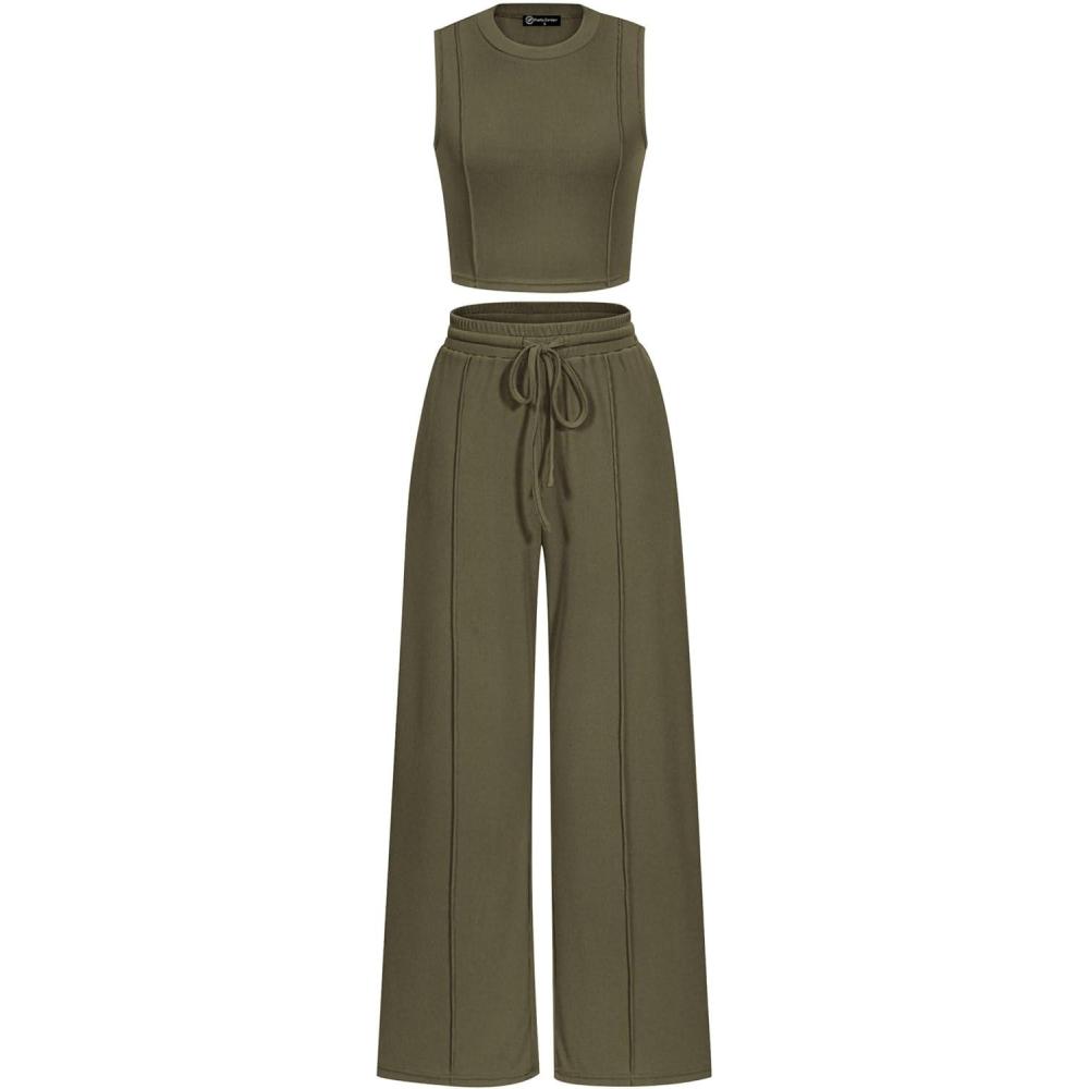 imagePRETTYGARDEN Womens Summer 2 Piece Loungewear Set Cropped Tank Top Wide Leg Sweatpants Tracksuit Casual OutfitsArmy Green