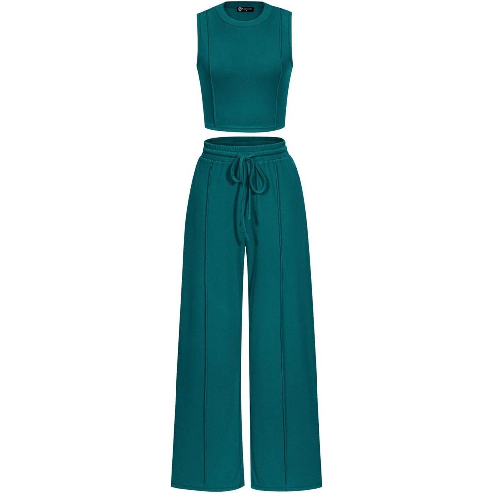 imagePRETTYGARDEN Womens Summer 2 Piece Loungewear Set Cropped Tank Top Wide Leg Sweatpants Tracksuit Casual OutfitsBlue Green