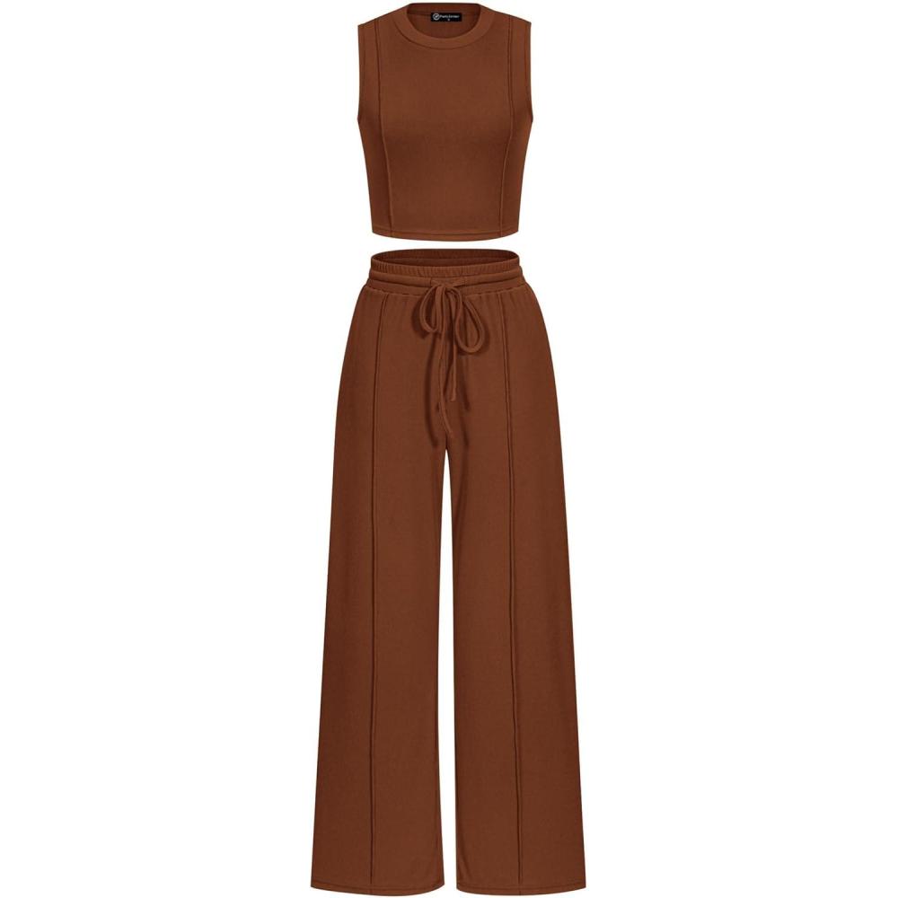 imagePRETTYGARDEN Womens Summer 2 Piece Loungewear Set Cropped Tank Top Wide Leg Sweatpants Tracksuit Casual OutfitsBrown