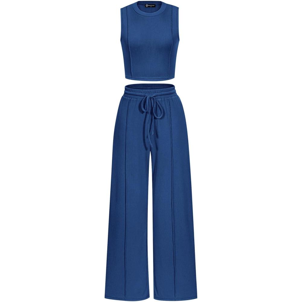 imagePRETTYGARDEN Womens Summer 2 Piece Loungewear Set Cropped Tank Top Wide Leg Sweatpants Tracksuit Casual OutfitsDark Blue