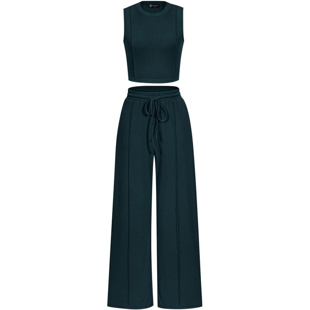 imagePRETTYGARDEN Womens Summer 2 Piece Loungewear Set Cropped Tank Top Wide Leg Sweatpants Tracksuit Casual OutfitsDark Green