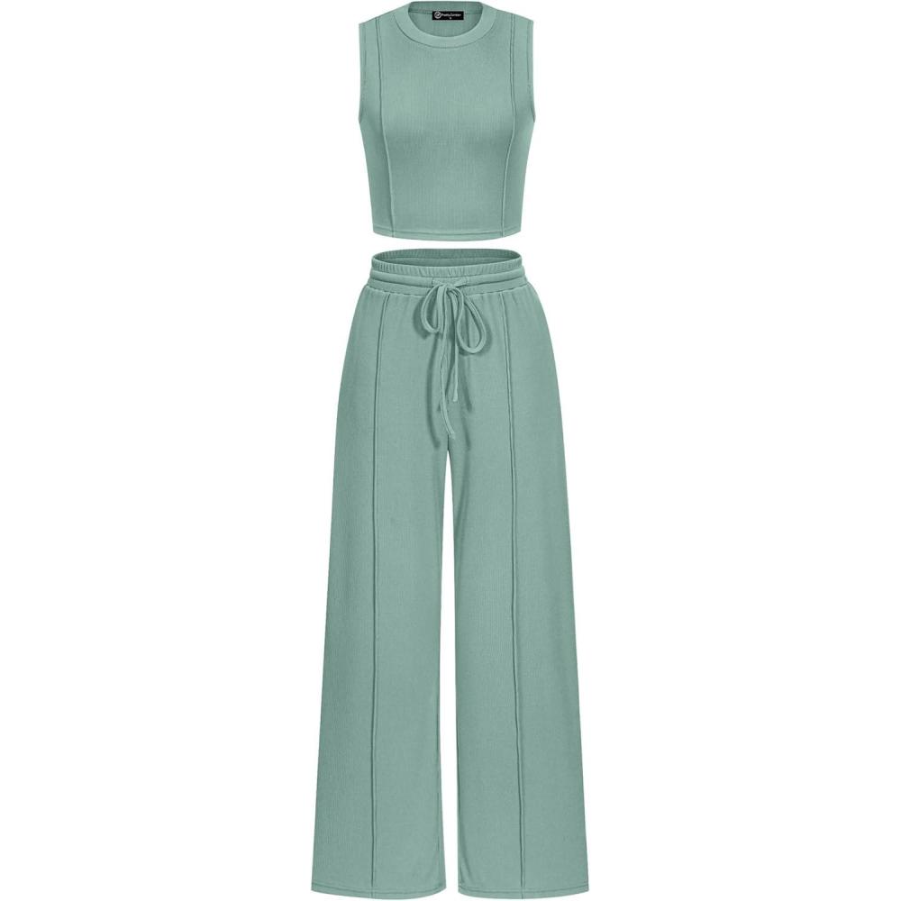 imagePRETTYGARDEN Womens Summer 2 Piece Loungewear Set Cropped Tank Top Wide Leg Sweatpants Tracksuit Casual OutfitsFruit Green