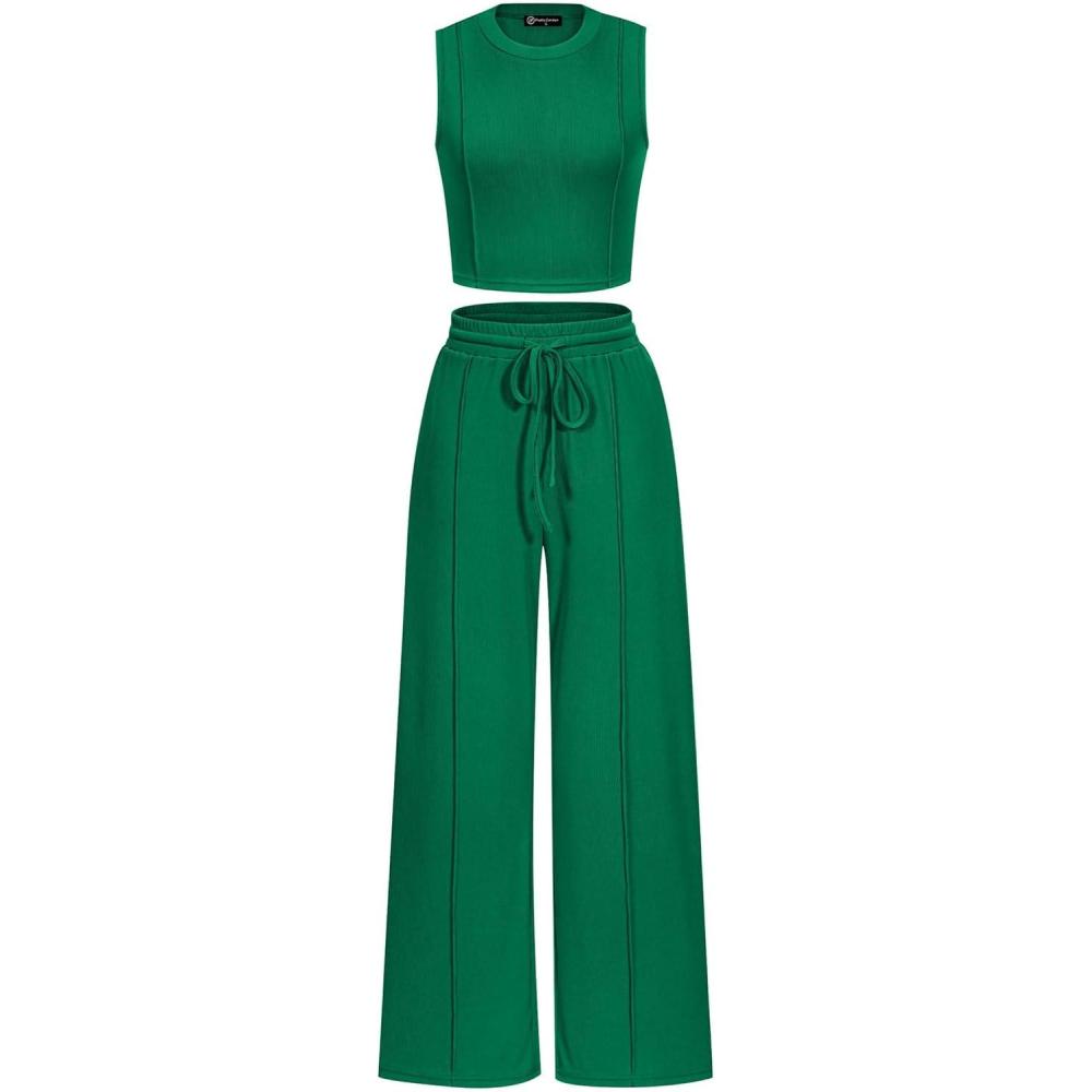 imagePRETTYGARDEN Womens Summer 2 Piece Loungewear Set Cropped Tank Top Wide Leg Sweatpants Tracksuit Casual OutfitsGreen