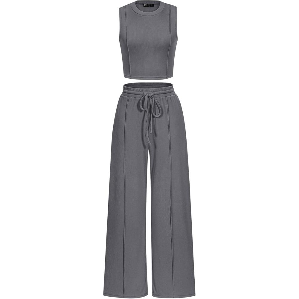 imagePRETTYGARDEN Womens Summer 2 Piece Loungewear Set Cropped Tank Top Wide Leg Sweatpants Tracksuit Casual OutfitsGrey