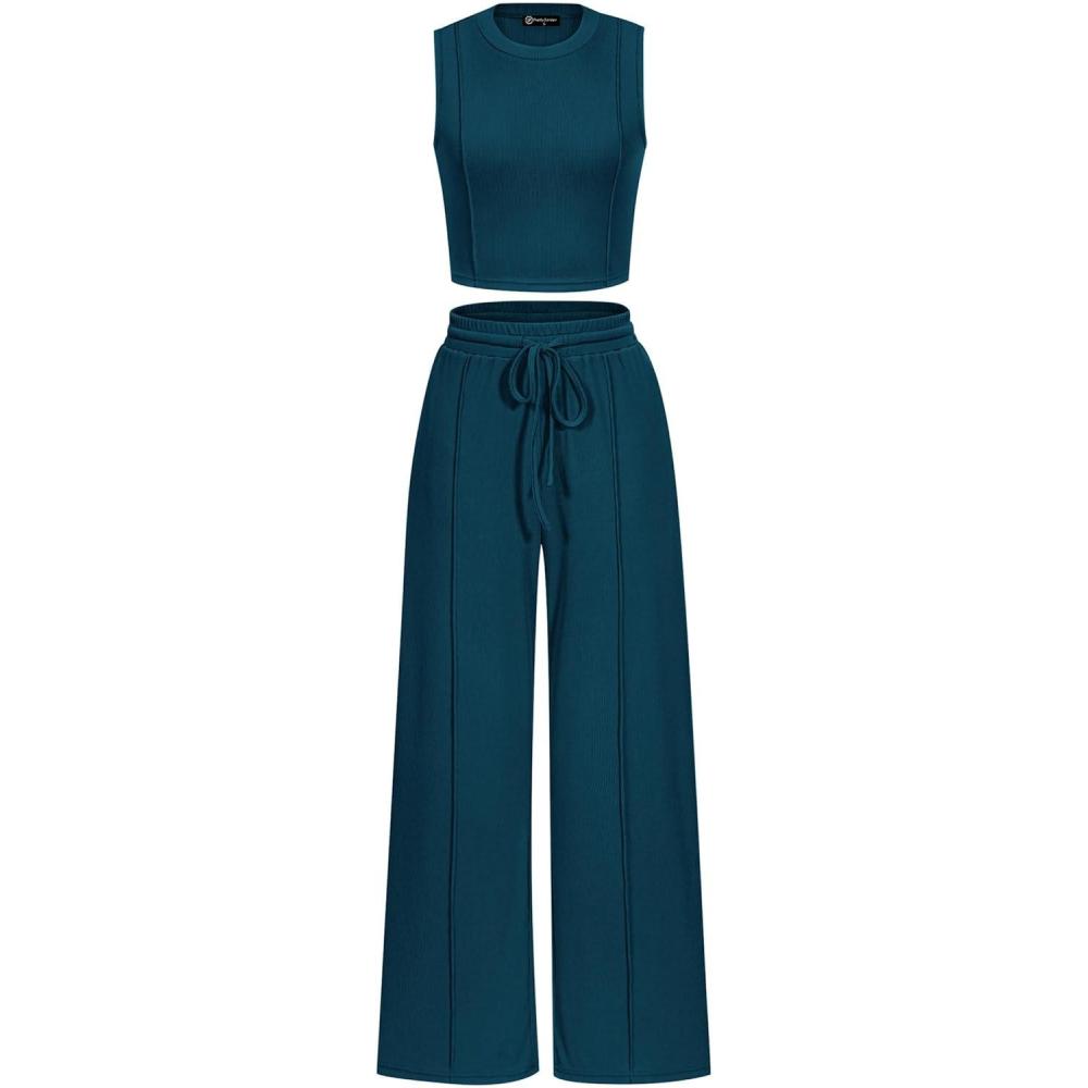 imagePRETTYGARDEN Womens Summer 2 Piece Loungewear Set Cropped Tank Top Wide Leg Sweatpants Tracksuit Casual OutfitsLake Blue