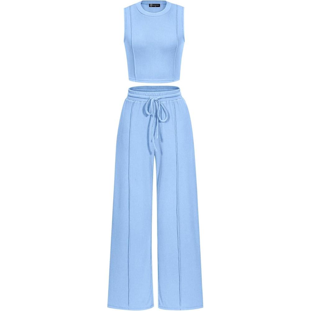 imagePRETTYGARDEN Womens Summer 2 Piece Loungewear Set Cropped Tank Top Wide Leg Sweatpants Tracksuit Casual OutfitsLight Blue
