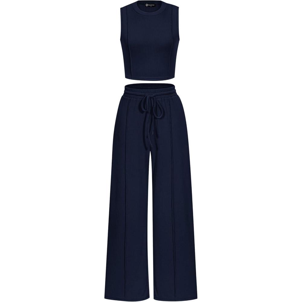 imagePRETTYGARDEN Womens Summer 2 Piece Loungewear Set Cropped Tank Top Wide Leg Sweatpants Tracksuit Casual OutfitsNavy