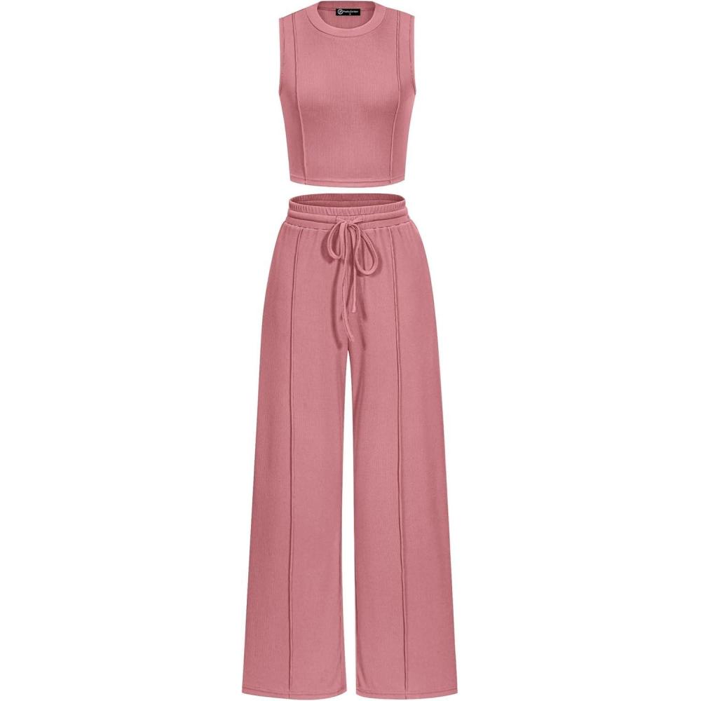 imagePRETTYGARDEN Womens Summer 2 Piece Loungewear Set Cropped Tank Top Wide Leg Sweatpants Tracksuit Casual OutfitsPink