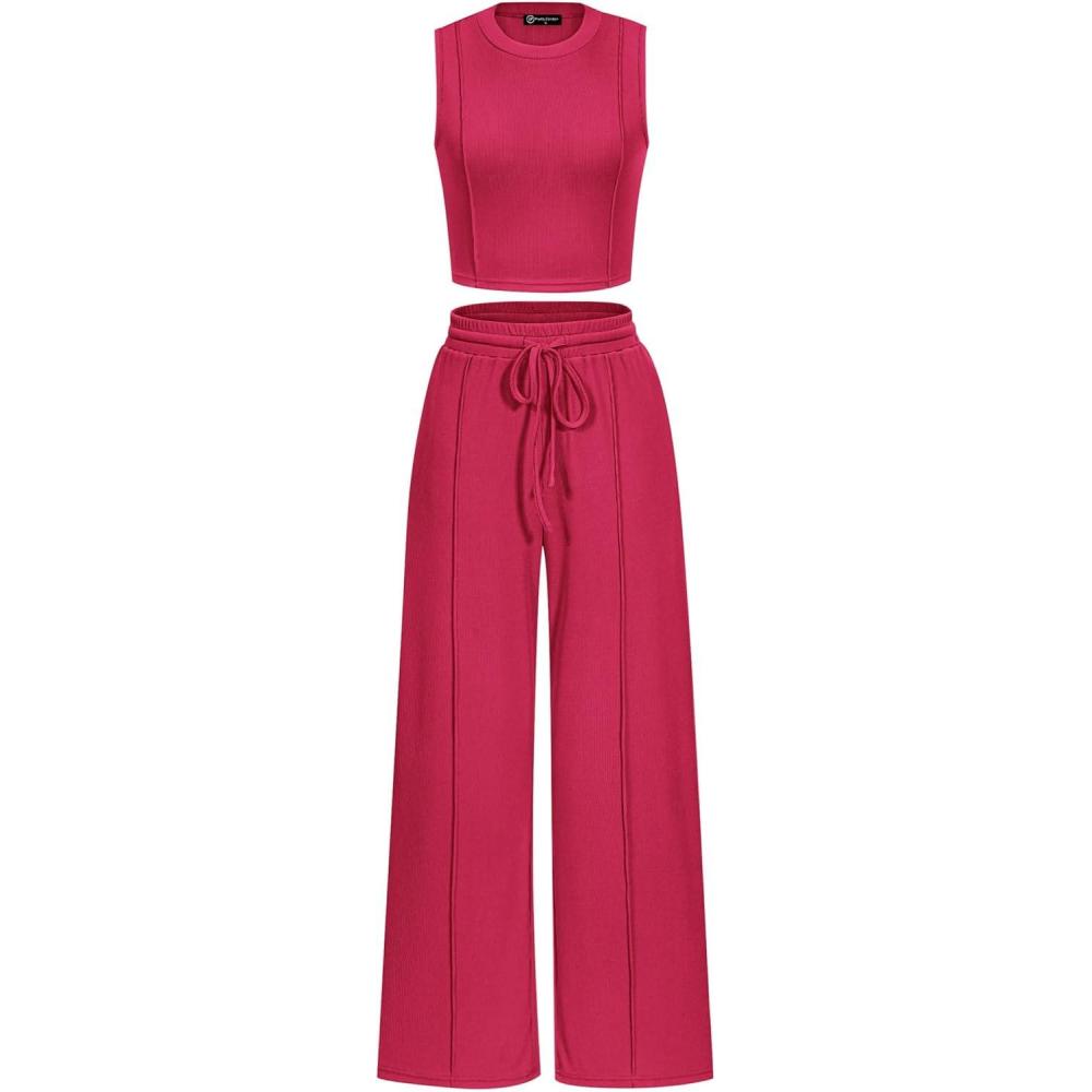 imagePRETTYGARDEN Womens Summer 2 Piece Loungewear Set Cropped Tank Top Wide Leg Sweatpants Tracksuit Casual OutfitsRose Red