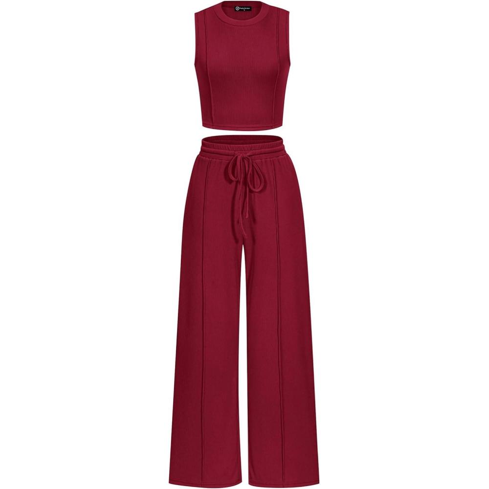 imagePRETTYGARDEN Womens Summer 2 Piece Loungewear Set Cropped Tank Top Wide Leg Sweatpants Tracksuit Casual OutfitsWine Red