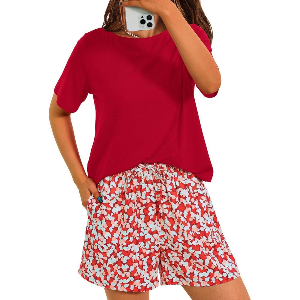 imagePRETTYGARDEN Womens Summer 2 Piece Outfits Lounge Sets Short Sleeve Tee Shirts Tops Blouses Pockets Printed Shorts TracksuitRed