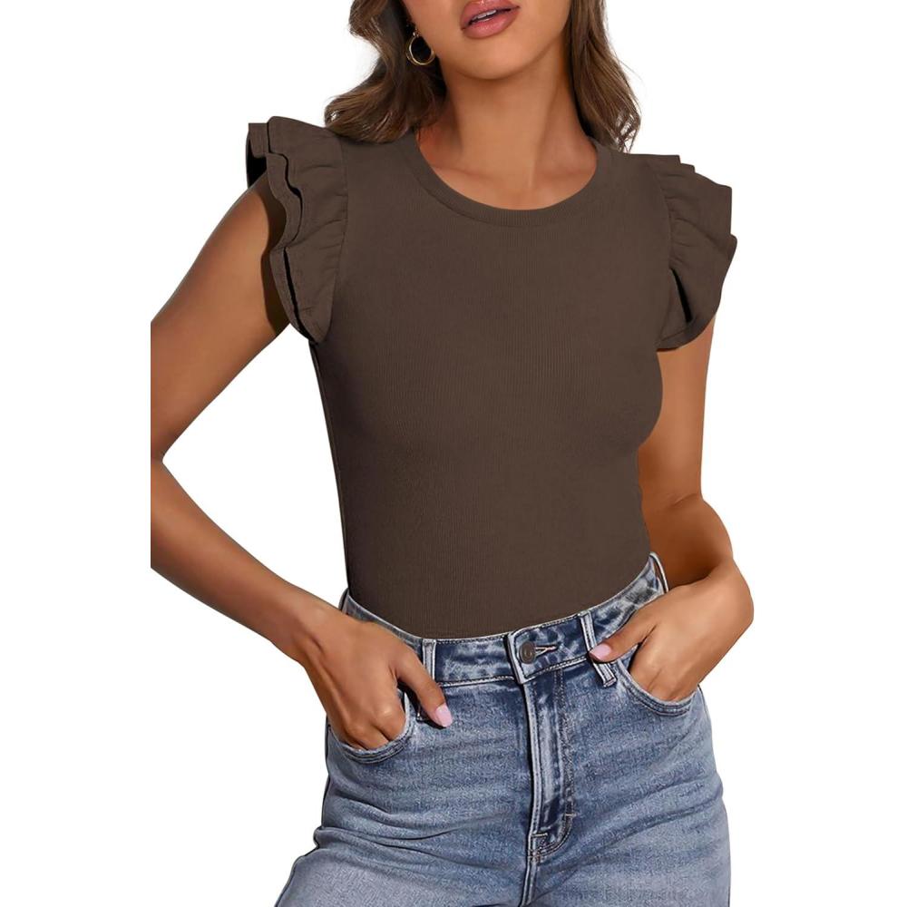 imagePRETTYGARDEN Womens Summer Crew Neck T Shirts 2026 Trendy Ruffle Sleeve Slim Fit Knit Going Out Tops Casual Spring ClothesCoffee