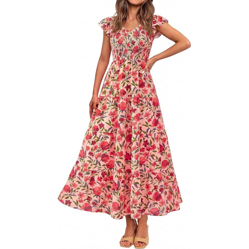 imagePRETTYGARDEN Womens Summer Flowy Maxi Dress Casual Cap Sleeve V Neck Smocked Beach SundressFloral Orange Pink Red