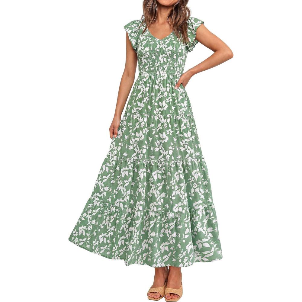 imagePRETTYGARDEN Womens Summer Flowy Maxi Dress Casual Cap Sleeve V Neck Smocked Beach SundressLeaves Light Green