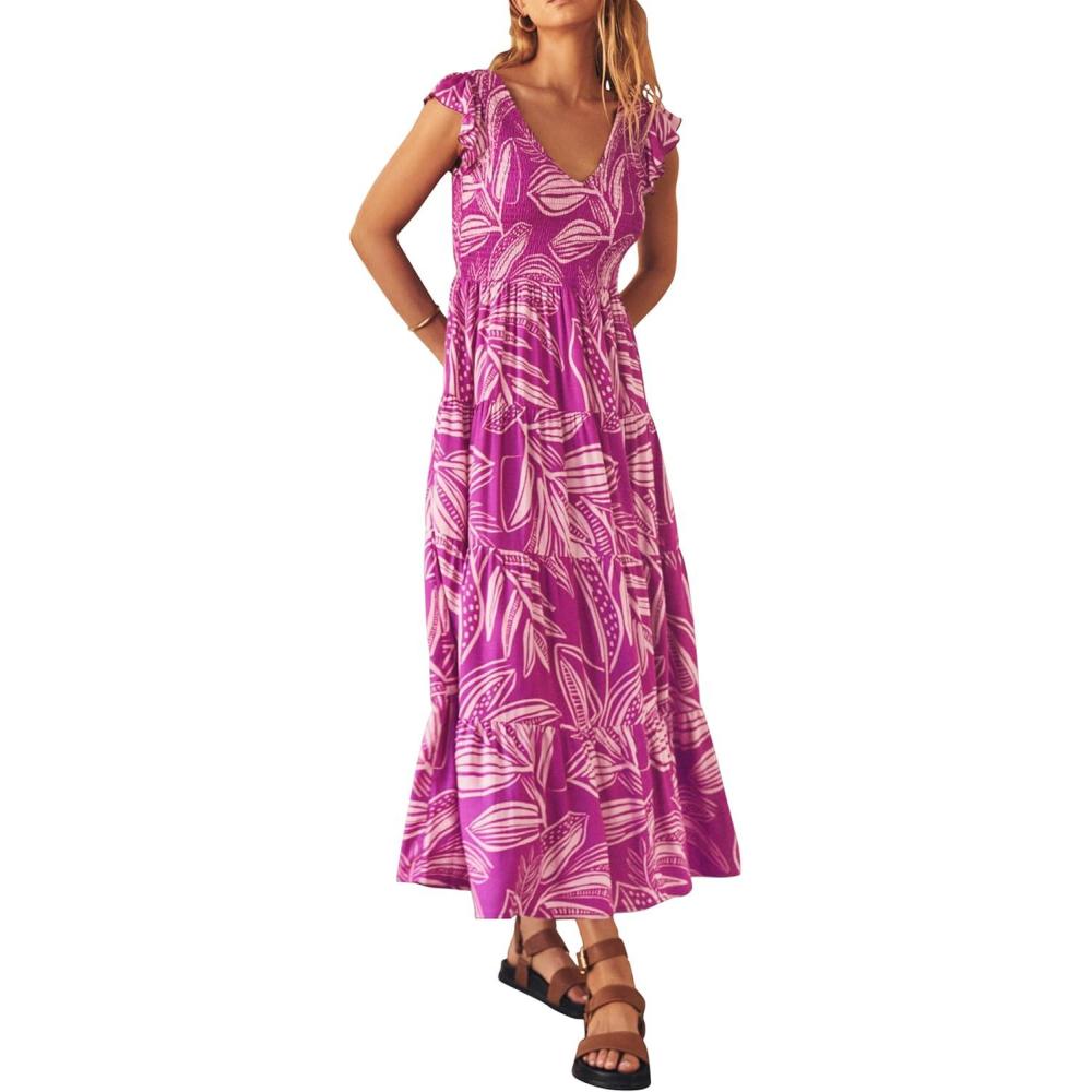 imagePRETTYGARDEN Womens Summer Flowy Maxi Dress Casual Cap Sleeve V Neck Smocked Beach SundressPrint Rose Purple