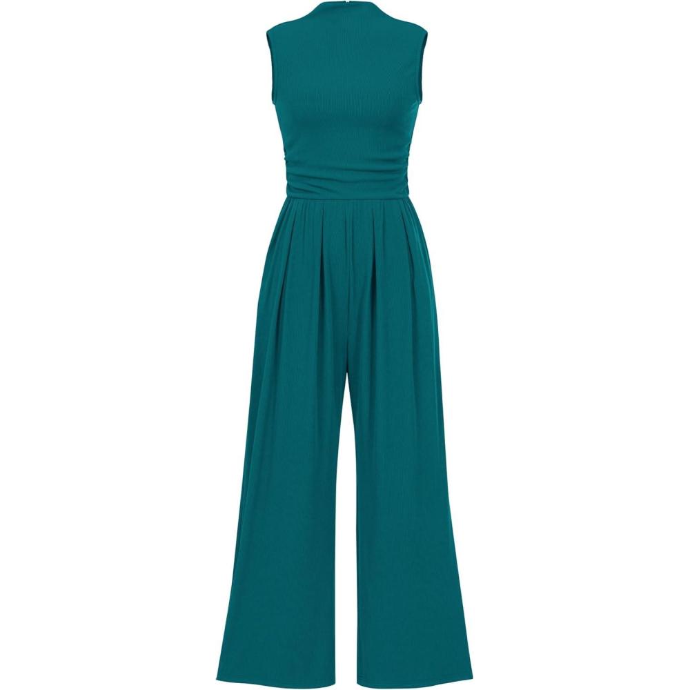 imagePRETTYGARDEN Womens Summer Jumpsuits Dressy Casual One Piece Outfits Sleeveless Mock Neck Wide Leg Pants Rompers with PocketsBlue Green