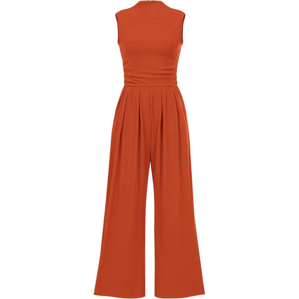 imagePRETTYGARDEN Womens Summer Jumpsuits Dressy Casual One Piece Outfits Sleeveless Mock Neck Wide Leg Pants Rompers with PocketsBrick Red