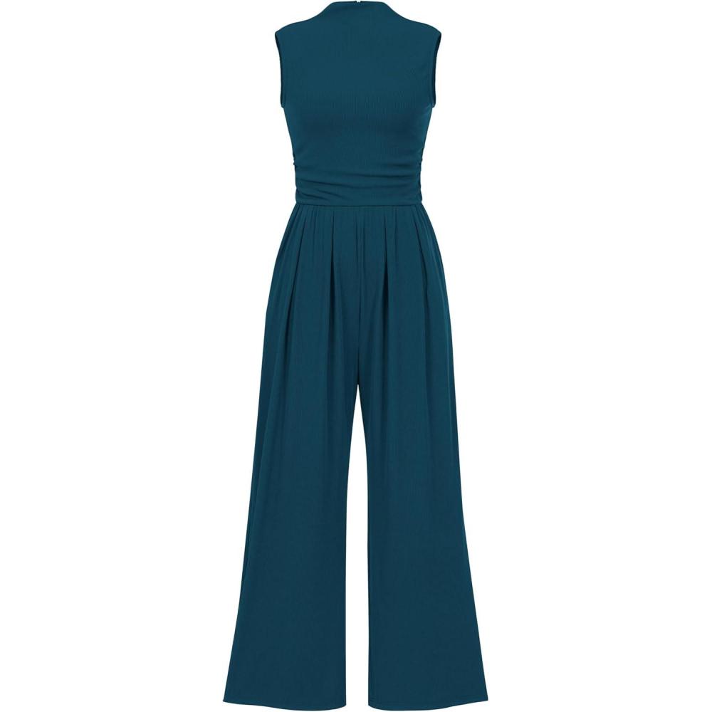 imagePRETTYGARDEN Womens Summer Jumpsuits Dressy Casual One Piece Outfits Sleeveless Mock Neck Wide Leg Pants Rompers with PocketsLake Blue