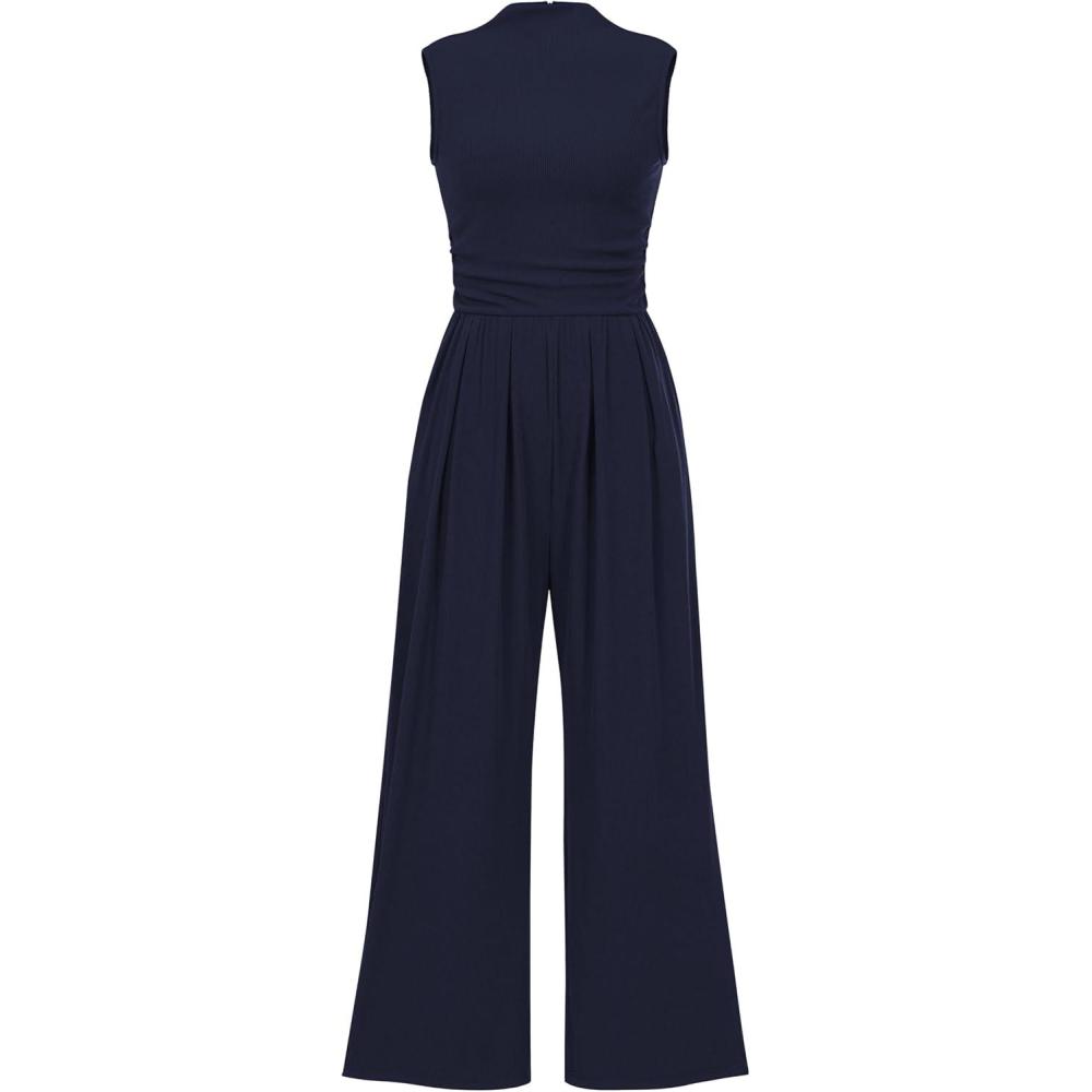 imagePRETTYGARDEN Womens Summer Jumpsuits Dressy Casual One Piece Outfits Sleeveless Mock Neck Wide Leg Pants Rompers with PocketsNavy