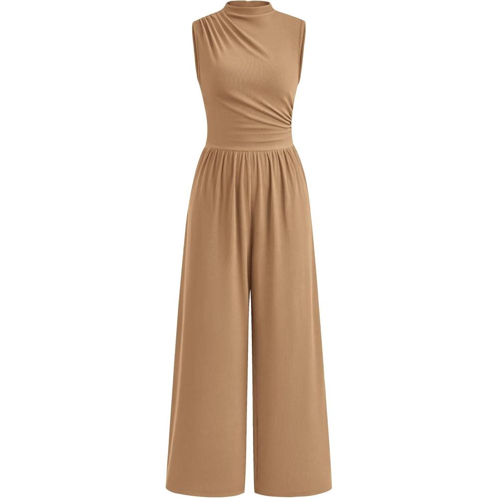 imagePRETTYGARDEN Womens Summer Jumpsuits Dressy Casual One Piece Outfits Sleeveless Mock Neck Wide Leg Pants Rompers with PocketsStyle2camel