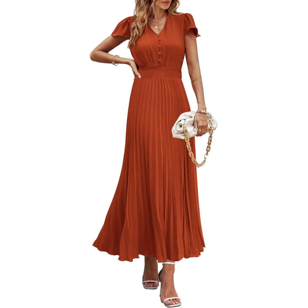 imagePRETTYGARDEN Womens Summer Maxi Dresses 2026 Trendy Casual Button V Neck Ruffle Cap Sleeve Long Flowy Spring Pleated DressBrick Red