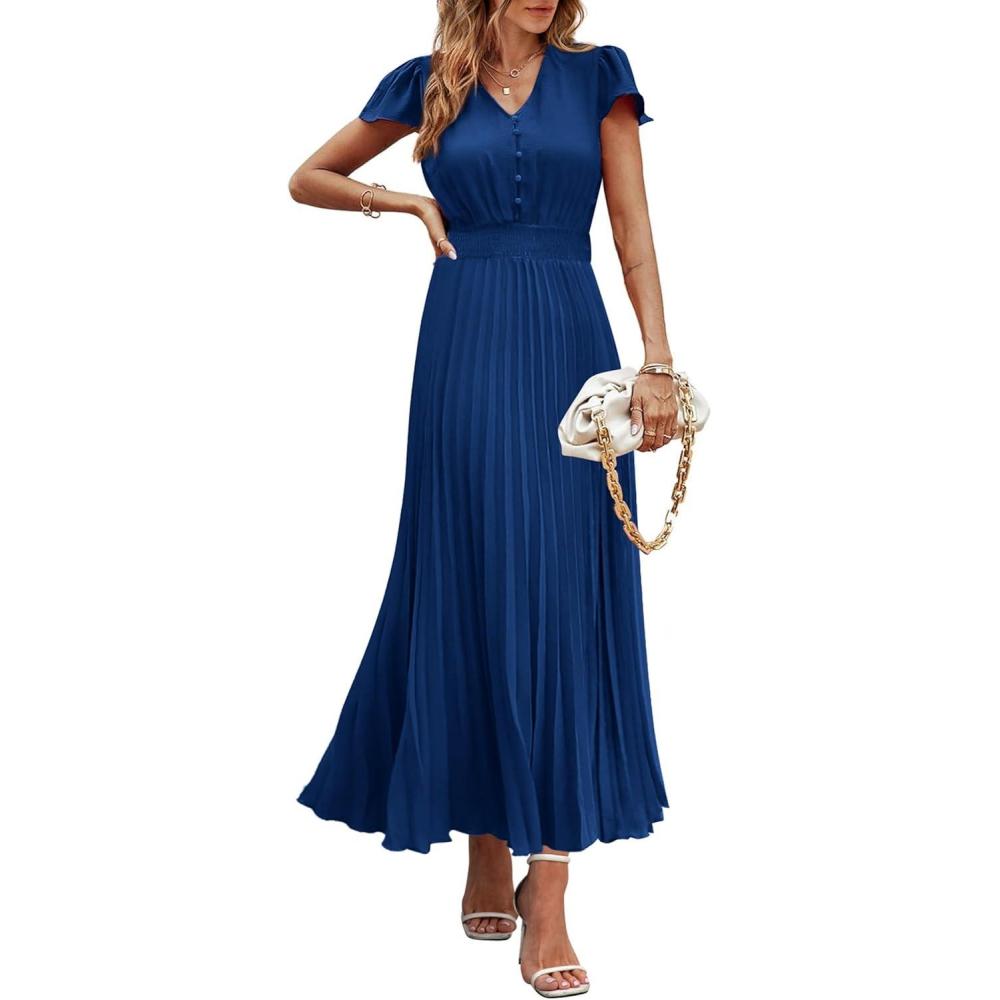 imagePRETTYGARDEN Womens Summer Maxi Dresses 2026 Trendy Casual Button V Neck Ruffle Cap Sleeve Long Flowy Spring Pleated DressDark Blue