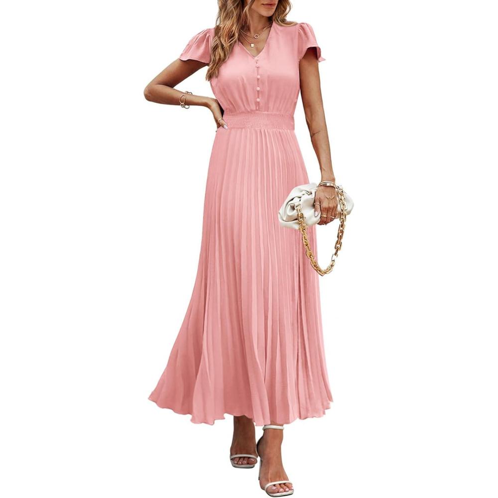 imagePRETTYGARDEN Womens Summer Maxi Dresses 2026 Trendy Casual Button V Neck Ruffle Cap Sleeve Long Flowy Spring Pleated DressPink