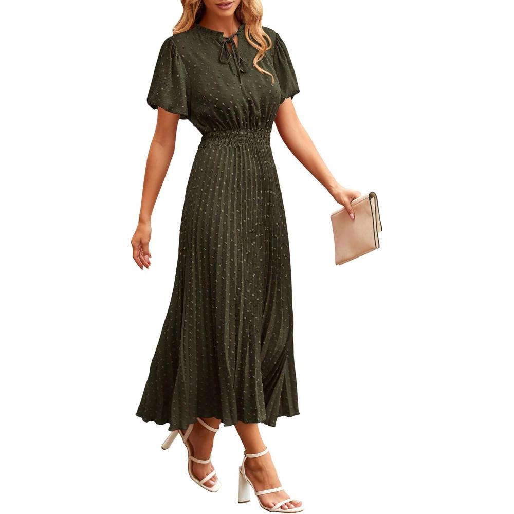 imagePRETTYGARDEN Womens Summer Midi Dresses Puff Short Sleeve V Neck Swiss Dot Pleated A Line Flowy Long Wedding Guest DressArmy Green