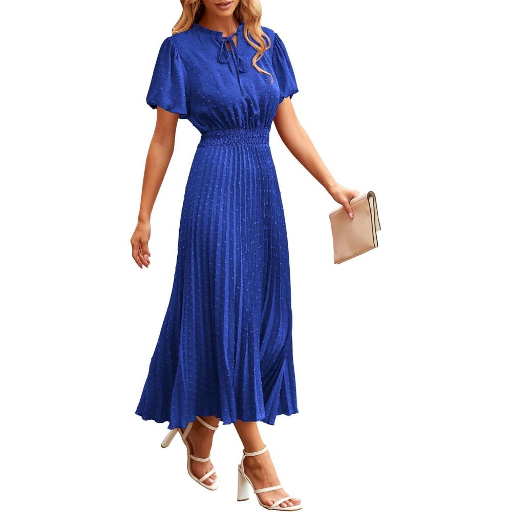 imagePRETTYGARDEN Womens Summer Midi Dresses Puff Short Sleeve V Neck Swiss Dot Pleated A Line Flowy Long Wedding Guest DressBlue