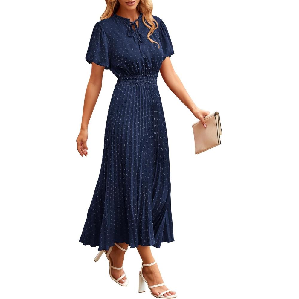 imagePRETTYGARDEN Womens Summer Midi Dresses Puff Short Sleeve V Neck Swiss Dot Pleated A Line Flowy Long Wedding Guest DressNavy
