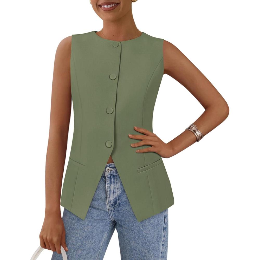 imagePRETTYGARDEN Womens Summer Suit Vest Tops 2026 Dressy Business Casual Sleeveless Button Down Trendy Fashion Blazer WaistcoatLight Green