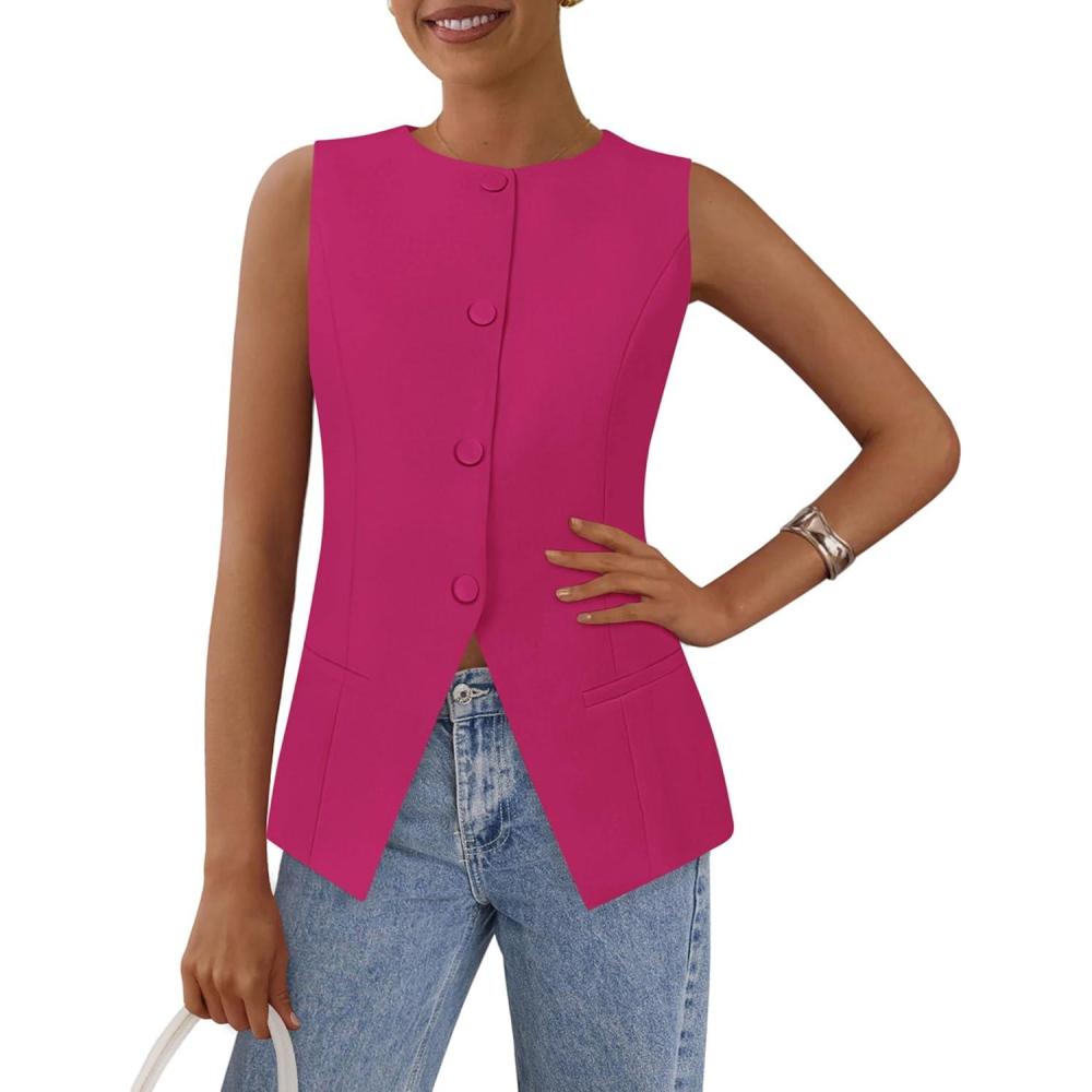 imagePRETTYGARDEN Womens Summer Suit Vest Tops 2026 Dressy Business Casual Sleeveless Button Down Trendy Fashion Blazer WaistcoatRose Red