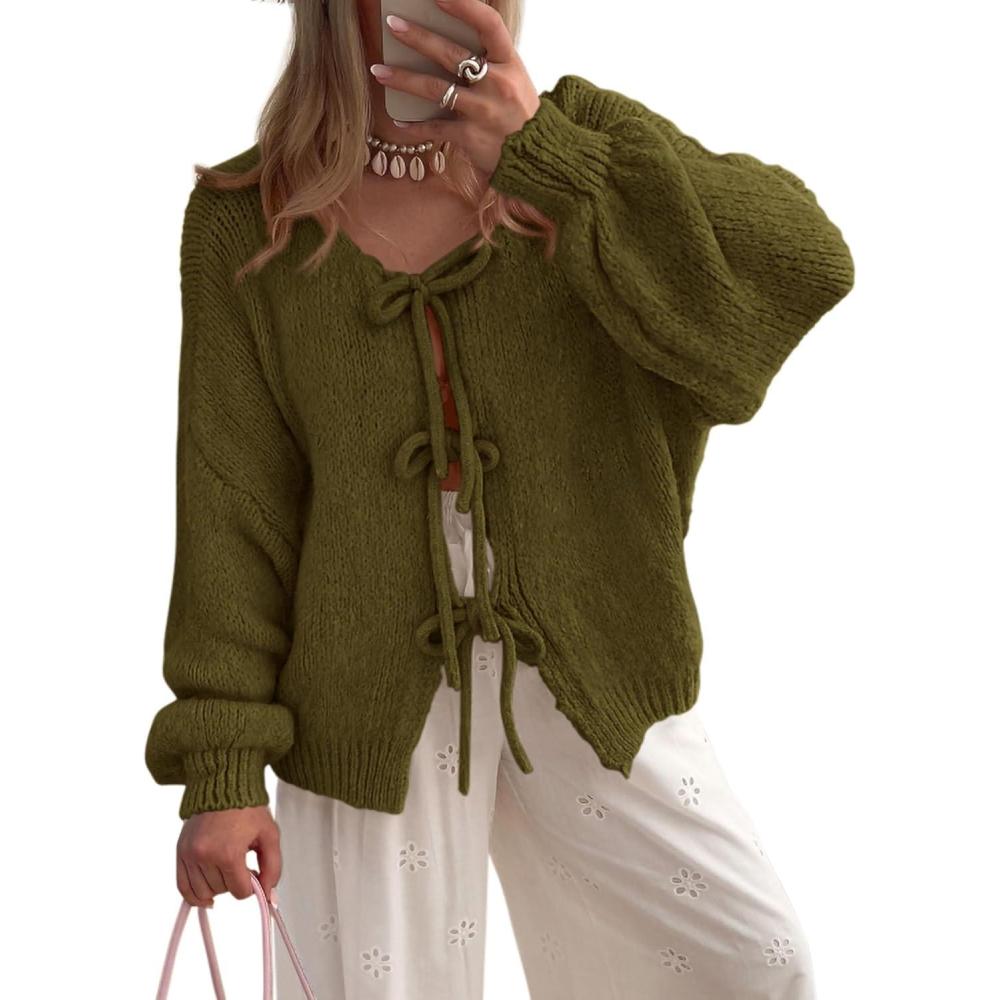 imagePRETTYGARDEN Womens Tie Front Bow Cardigan Sweaters Chunky Knit Long Puff Sleeve Trendy Fall Winter Jacket CoatsArmy Green