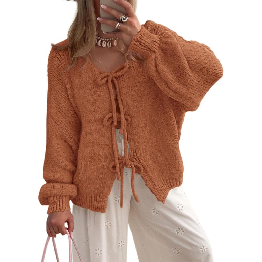 imagePRETTYGARDEN Womens Tie Front Bow Cardigan Sweaters Chunky Knit Long Puff Sleeve Trendy Fall Winter Jacket CoatsBrick Red